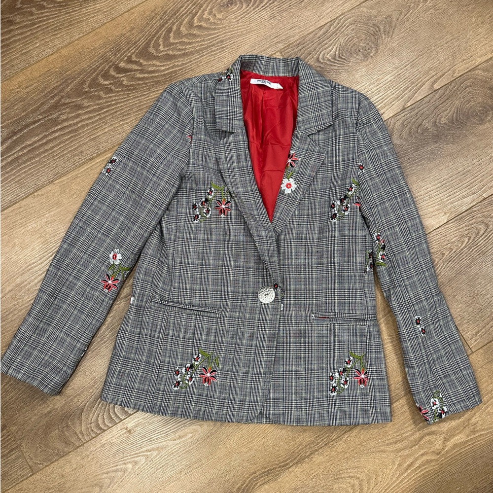 Gray Plaid Blazer with Red Lining and Floral Embroidery M